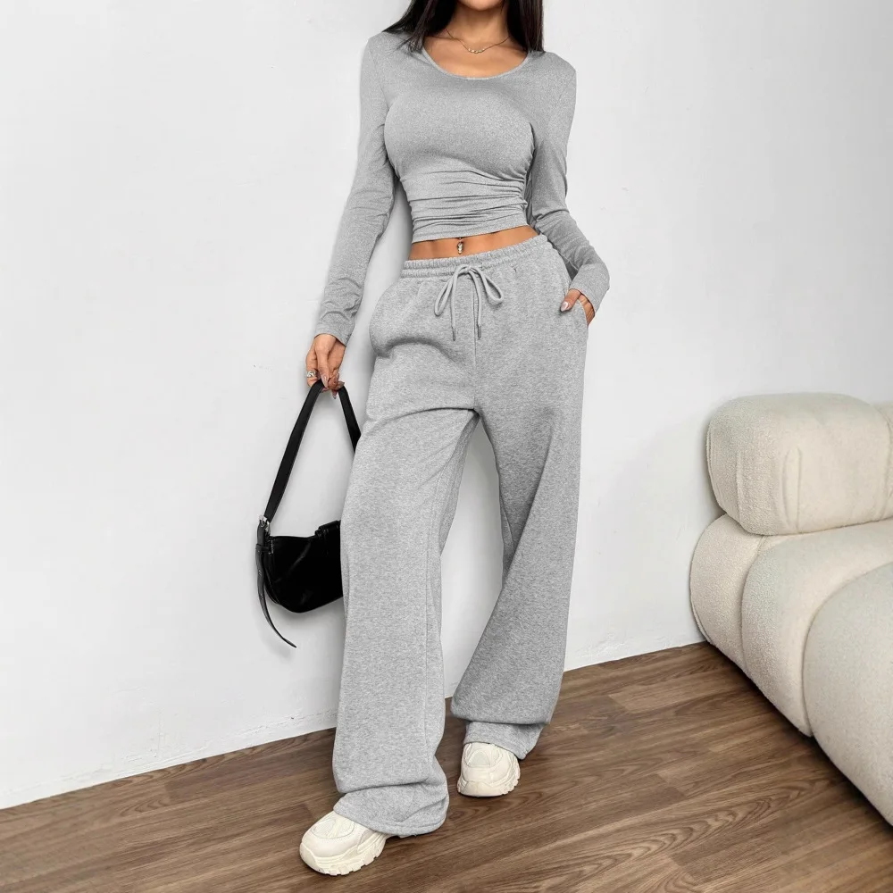 Ladies Casual Two Piece Set Long Sleeve Round Neck Shirt And Wide Leg Trousers Elegant Slim Fall Winter Stylish Clothing Set
