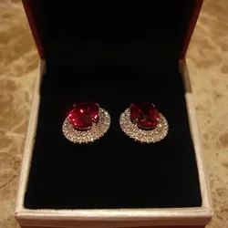 Original design silver studded with diamonds red crystal round earrings for women dazzling glamour delicate jewelry