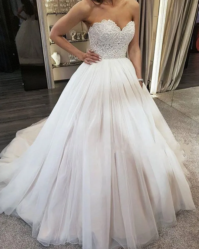 

ANGELSBRIDEP White Ball Gown Wedding Dresses Vestido De Noiva Sweetheart Pearls Lace Applique Formal Bride Dress Court Train