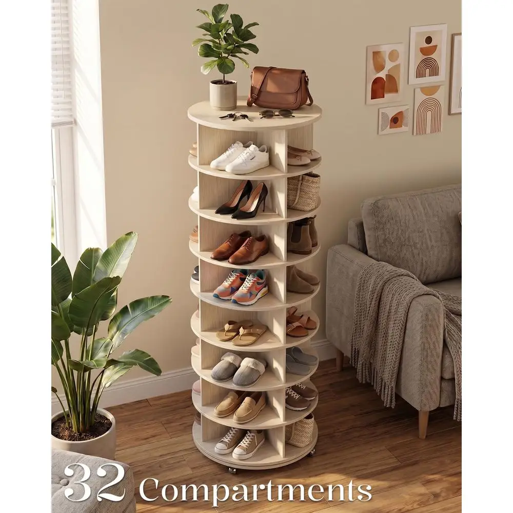 8-Tier Rotating Shoe Rack Organizer with 4 Casters, Natural, 23.6x23.6x74 view 2