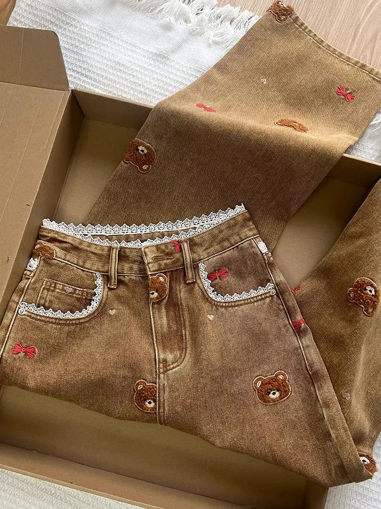 レースパッチワークハイウエストストレートレッグジーンズ春ヴィンテージベアボウ刺繍スウィートガールカジュアルワイドレッグパンツオーバーサイズパンツ
