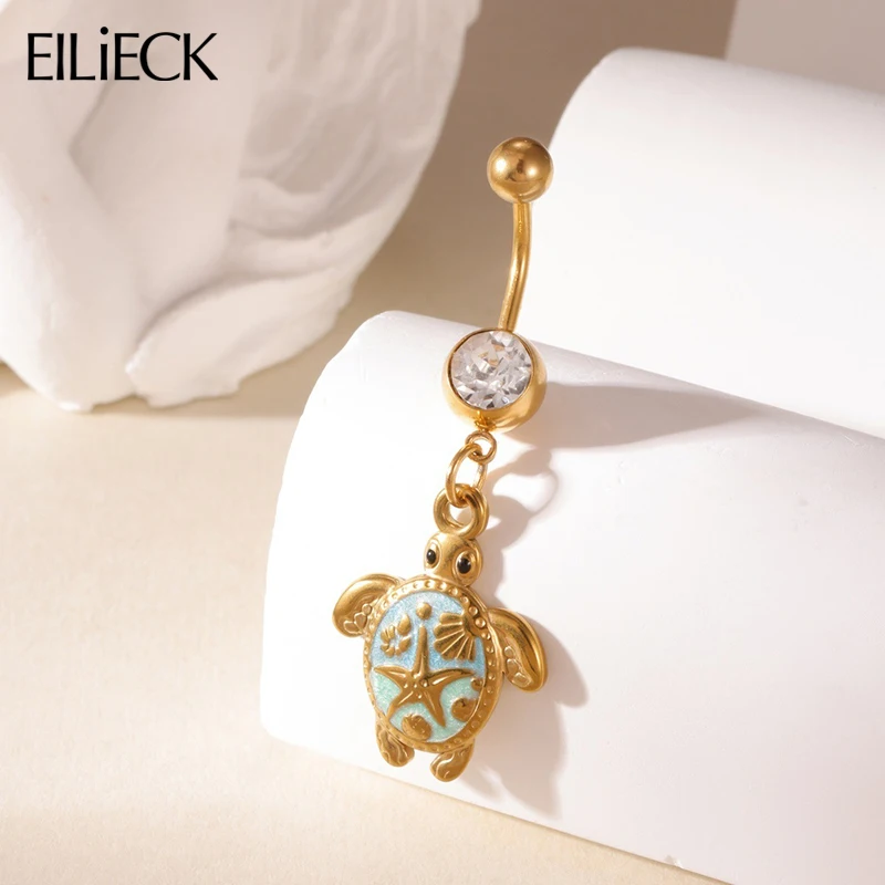 EILIECK 1 Stück 316L Edelstahl Sexy Schildkröten-Bauchnabelpiercing mit Zirkonia-Anhängern, Nabelpiercing, Körperschmuck