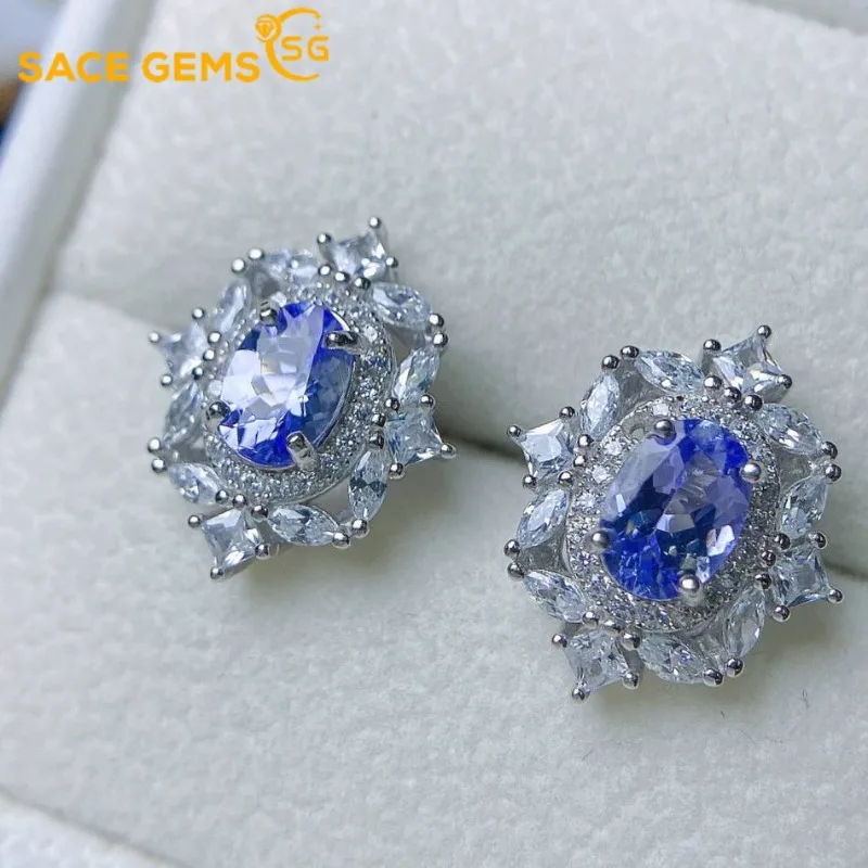 

SACEGEMS модные ювелирные серьги для женщин стерлингового серебра 925 пробы 5*7 мм натуральный танзанит серьги-гвоздики свадебная вечеринка ювелирные украшения