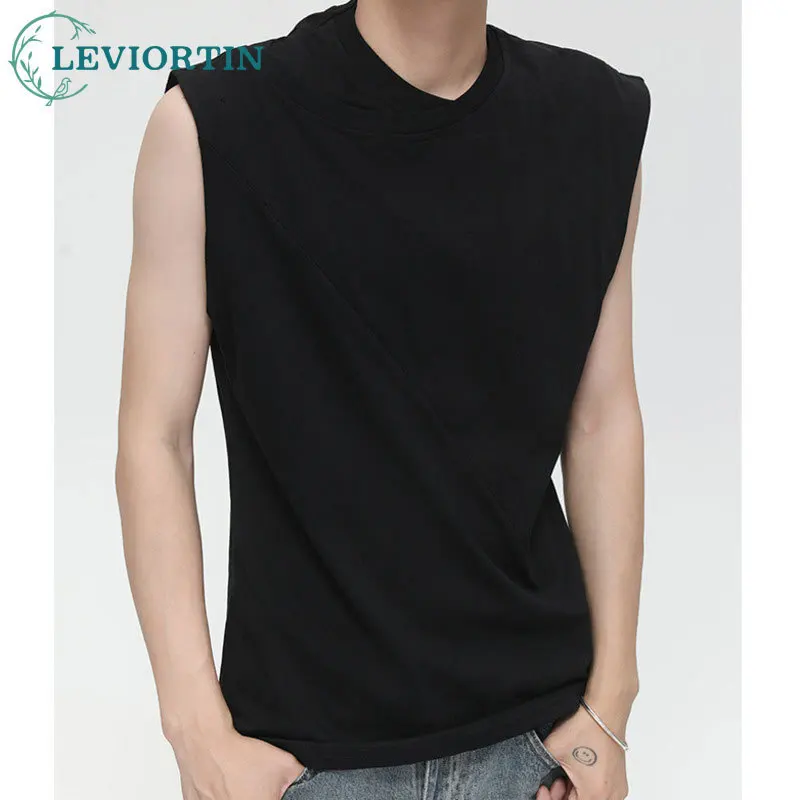 Men's Korean version youth popular solid color cut splicing design sleeveless loose and versatile pullover lazy casual vest