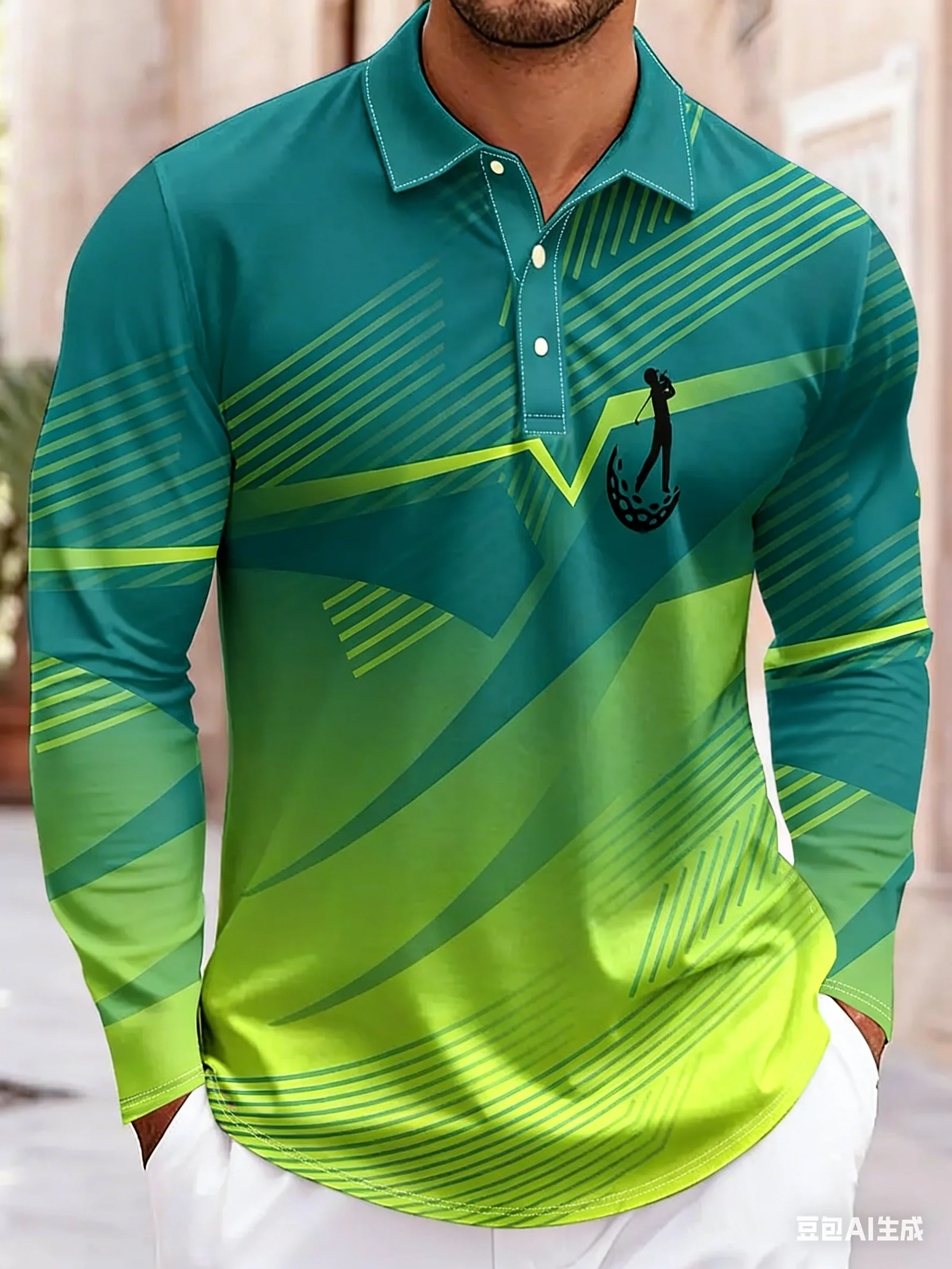 Fashion Geometric Pattern Men's Long Sleeved Polo Shirt Spring Autumn Lightweight Breathable Golf Sports Casual Men's Clothing