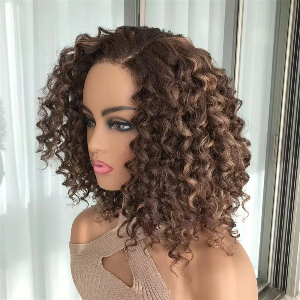 Wear Go Short Curly Lace Wigs Highlight Honey Blonde Deep Curly Synthetic Lace Wigs for Women Pre Cut Lace Wig