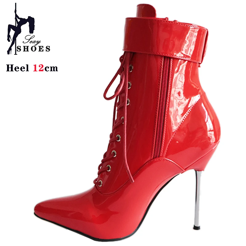 High Heel 12cm Stiletto Sexy Zip Lace-Up Women Ankle Boots Patent Leather Pointed Toe Lockable Padlocks Cosplay Boots Size 46