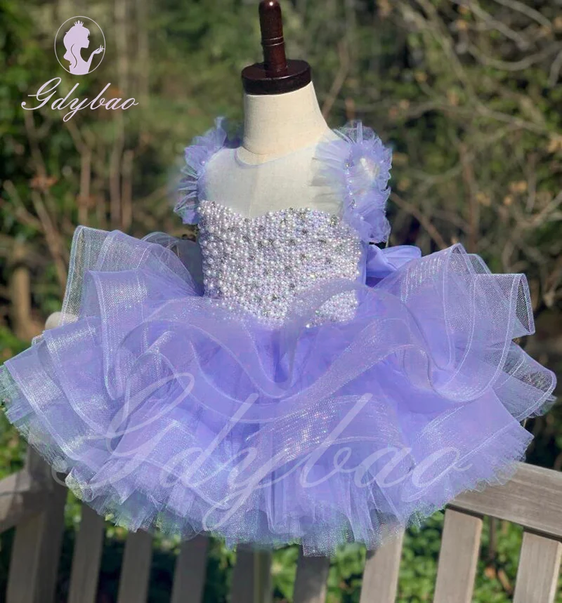 Vestido de niña de flores con perlas azul cielo para boda, volantes, hinchados hasta la rodilla con lazo, desfile de princesa, elegante vestido de baile de cumpleaños para niños