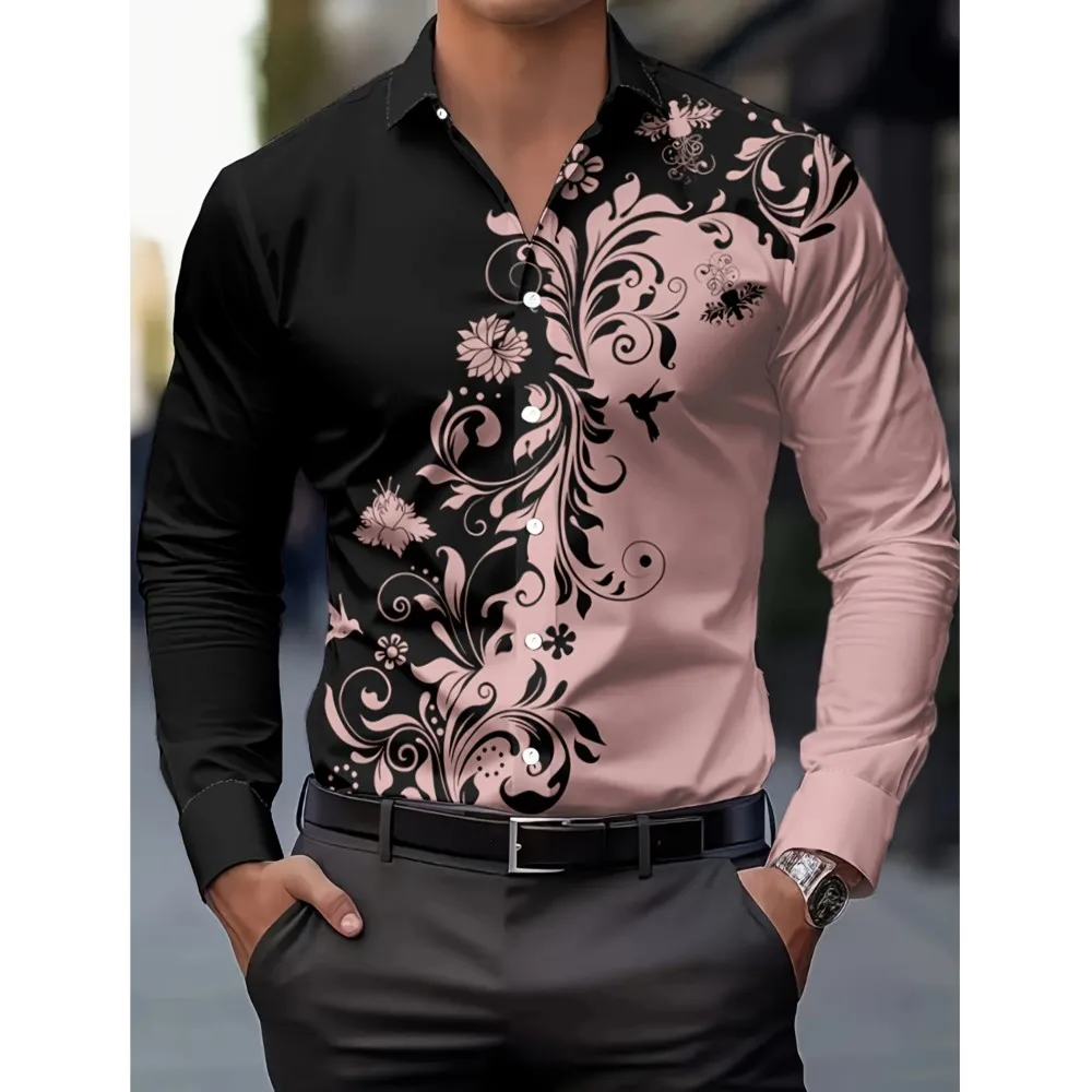 قميص رجالي كاجوال بأكمام طويلة مع طباعة زهور - قميص أسود وأبيض بتصميم بأزرار علوية عادية ملابس كاجوال بطبعة زهور #5