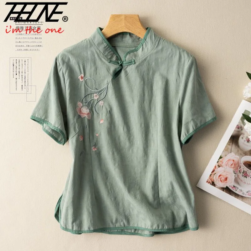 

Women's Clothing Shirts Blouse Summer Blusa Mujer V-Neck Solid Vintage Casual Camisas Embroidery Turtleneck Cotton Linen