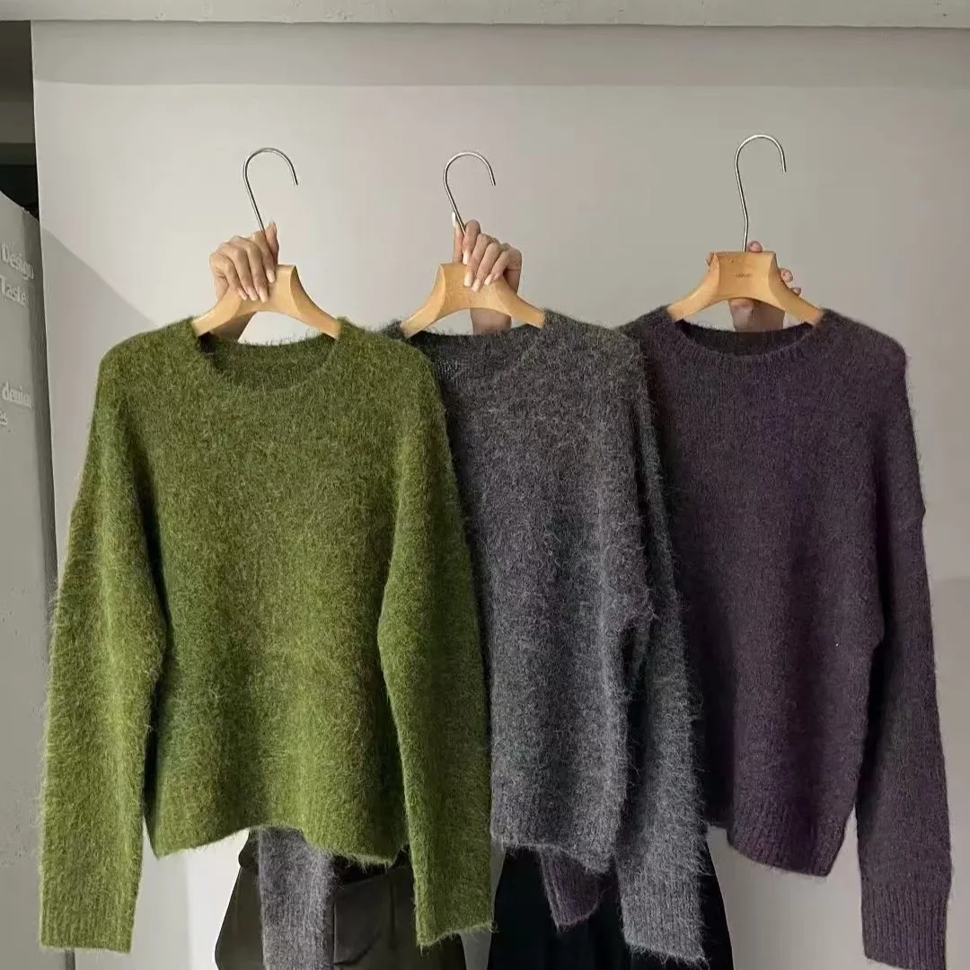 Damski sweter w jednolitym kolorze, miękki, w stylu lazy, luźny, z okrągłym dekoltem, dzianinowy top na jesień i zimę.