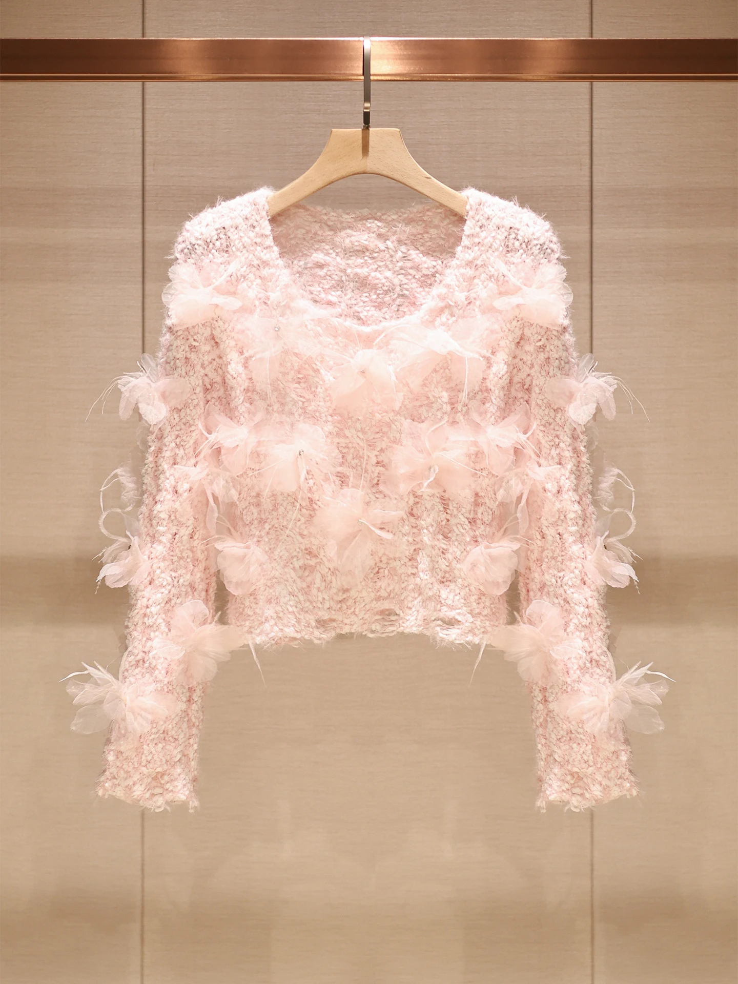 

Женский вязаный свитер свободного кроя с круглым вырезом и длинными рукавами, с 3D-цветами, розовый, повседневный, дышащий, комфортный, осенний