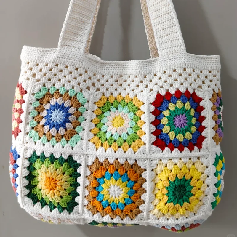 Handwoven flower shoulder bag with lining, handbag for shopping, women's leisure beach bag, item storage bag