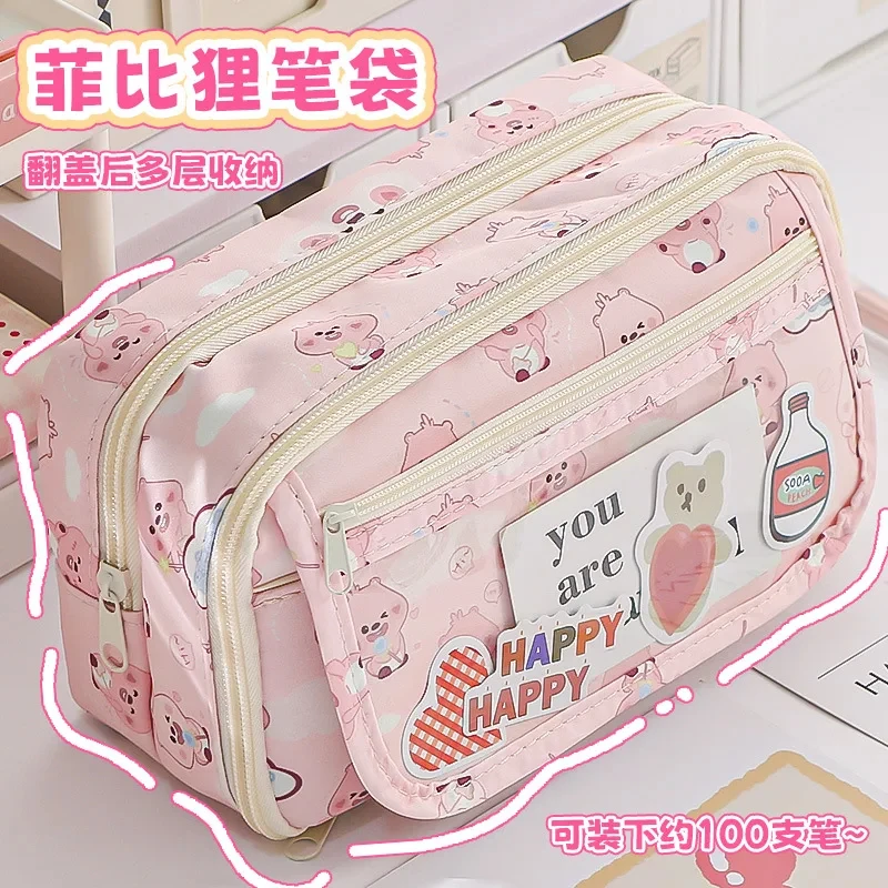 Loppy Transparent Pen Bag Large Capacity Cute Anime Stationery Bag Student Supplies Storage Box Pink printed bag