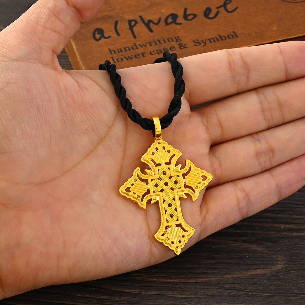 African Great Cross Pendant Necklaces Women Girls Gold Color Eritrean Ethnic Party Jewelry