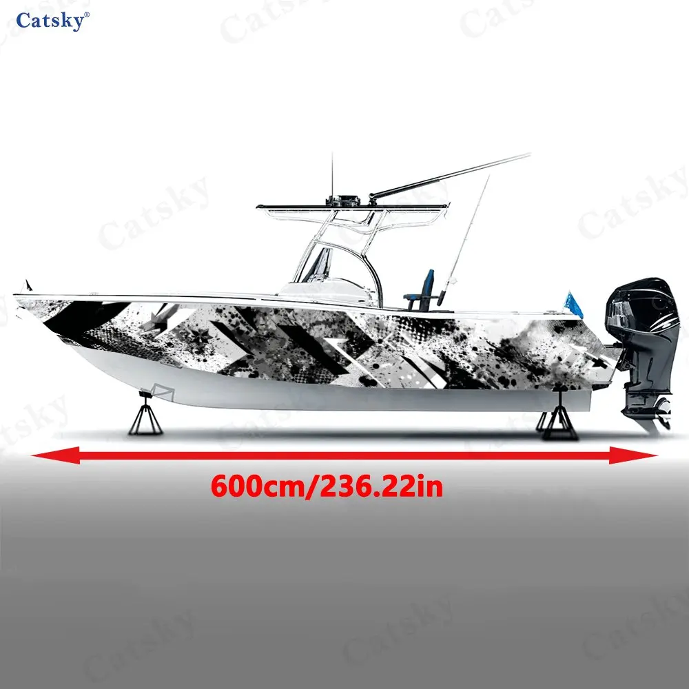 2Pcs Black & White Splash Ink Geometry Boat Stickers, PVC Waterproof Vinyl Wrap Decals for Fishing Boats, Durable Stylish Design