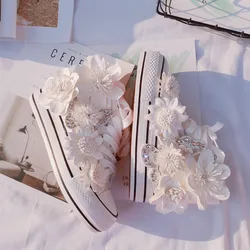 Creative flower diamond wedding party canvas shoes handmade custom white high top breathable casual sports women's shoes 35-40