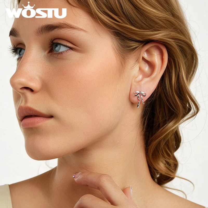 WOSTU 925 Sterling Silver Ribbon Bow Drop Earrings For Women Girls Cute Korean Bow Ear Studs Wedding Jewelry Minimalist