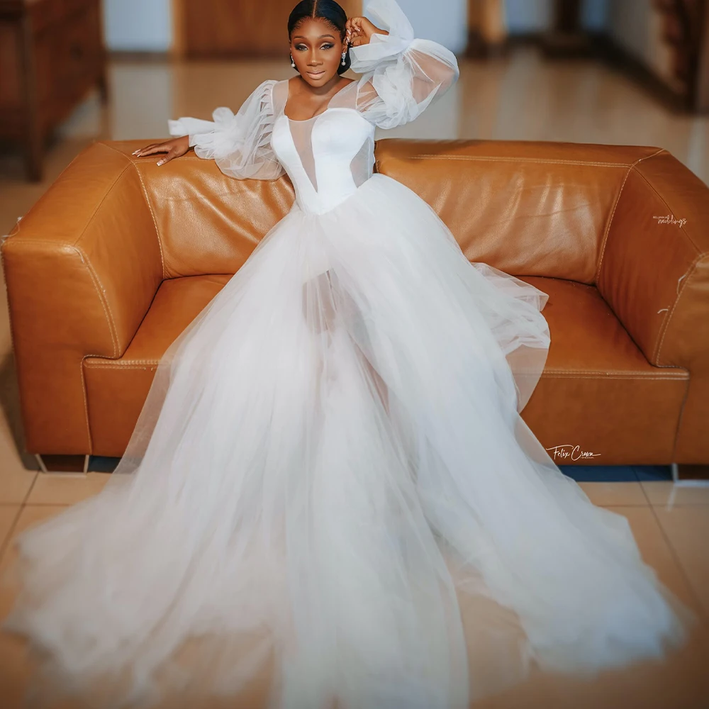 Clean White Wedding Dresses Bride Robe Long Sleeve See Through Tulle Africa Bridal Shower Dresses Bride to be Dress Customized