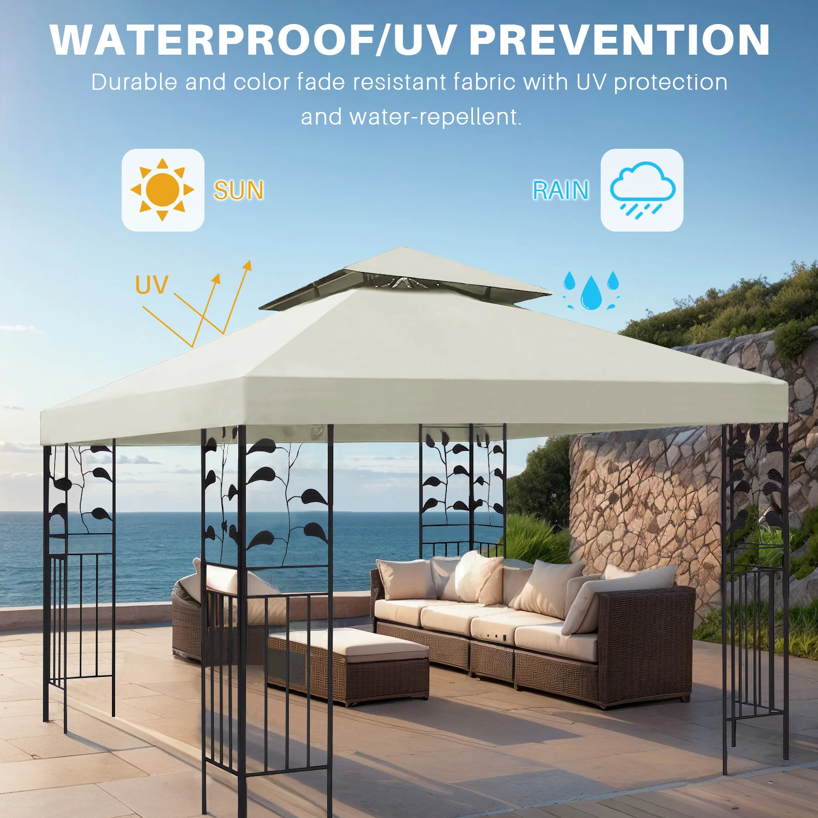 3x3m Replacement Roof for Gazebo Pavilion Roof Waterproof Double Roof Protective Cover Replacement Cover Roof Cover for Garden