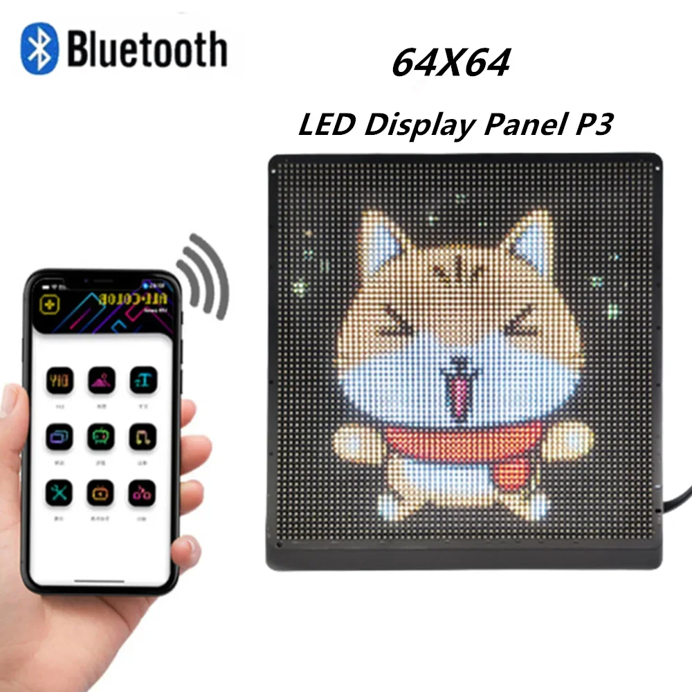 Ultra-thin P3 LED Display Module Full-Color HD Screen Panel 64x64 Pixels Bluetooth APP Control Support motion graphics, text