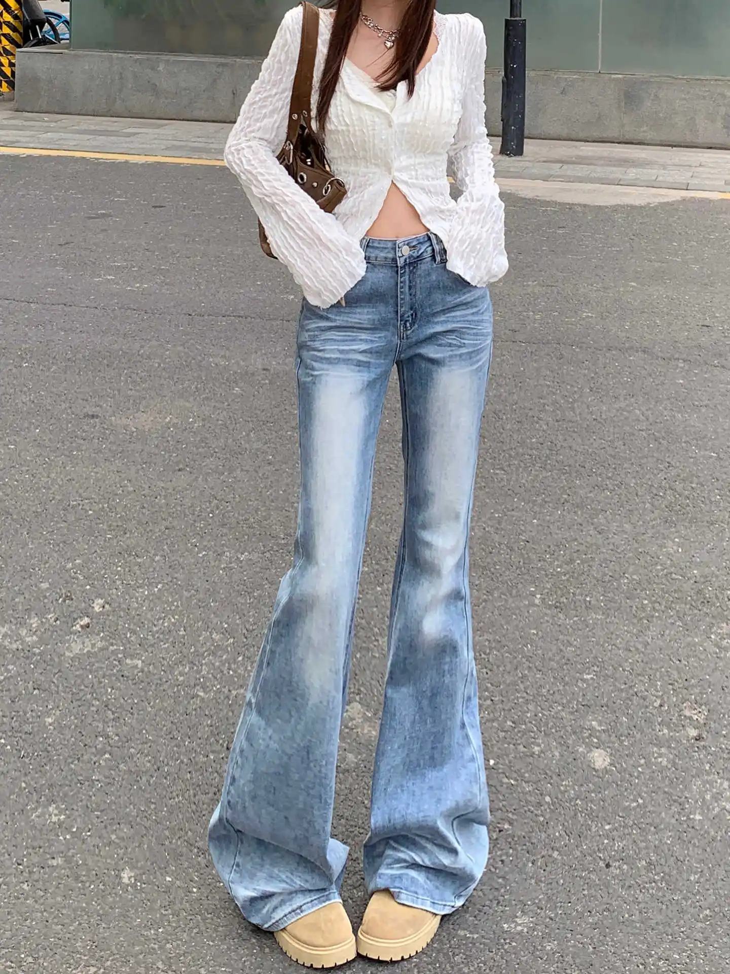 

Женские джинсы-клеш с низкой посадкой, облегающие, в стиле Y2K, японский ковбойский стиль, американское ретро, уличный стиль, новые