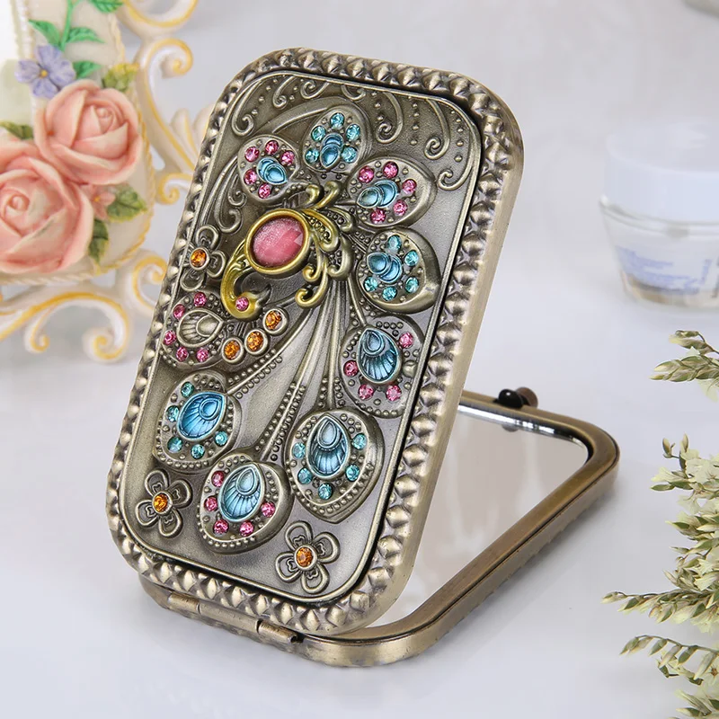 고급스러운 고대 방식, 속이 빈 손으로 장식된 물 드릴 미니 휴대용 양면 확대 거울