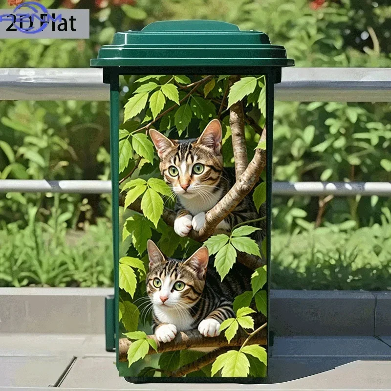 2D 1PC Flat Printing 1pc Trash Can Sticker, Double Cats Perched on Branch Theme Design, Self-Adhesive Wall Decal for Kitchen T