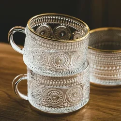 Nordic Style Retro Embossed Glass Cups Sunflower Transparent Coffee Cup Pearl Milk Tea Cold Drink Juice Mug with Gold Line