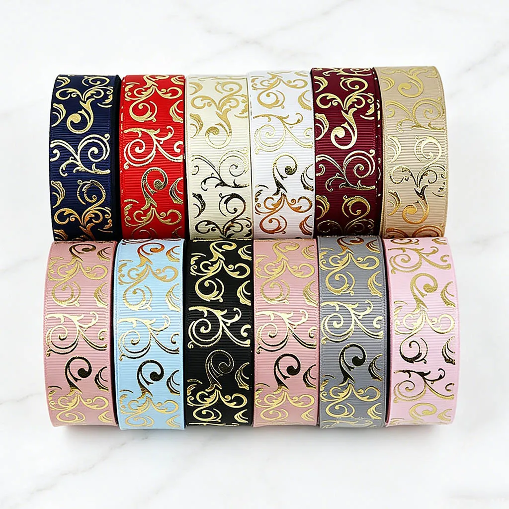(10 yards/lot) 25mm Champagne gold foil Hot stamping grosgrain ribbon gift wedding ribbons roll wholesale