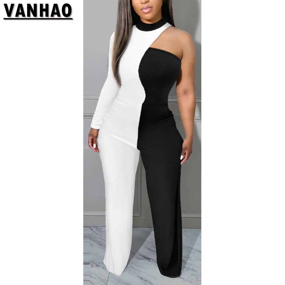 VANHAO Spring Fashion Contrast Color One Pieces Jumpsuit Women 2023 Single Sleeve Sexy Skinny Rompers Wholesale Dropshipping