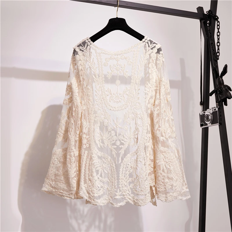 Hollow Out Crochet Mesh Lace Shirts Cardigan Women Holiday Beach Long Sleeve Cover-Up Coat Korean Style Sweet Beige White Top