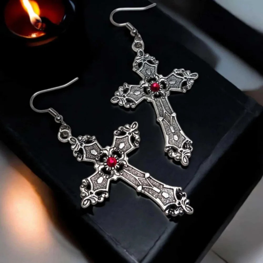 Vintage Gothic Cross Dangle Earring Silver Tone Ornate Cross Red Crystal Drop Earrings for Women Halloween Party Jewelry Gifts