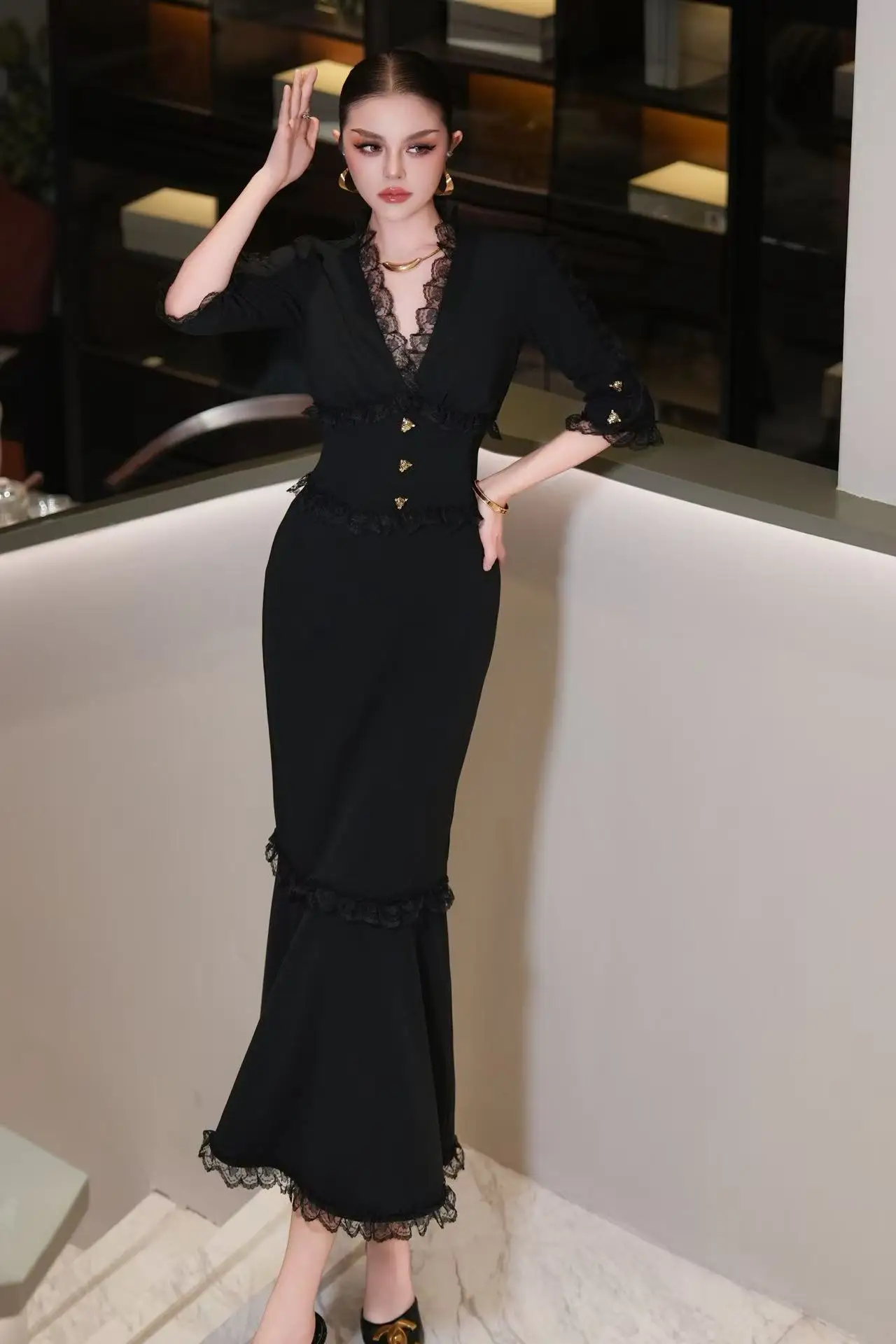Meyyithun Women's Dress High Quality Summer Runway  V-Neck Lace  Black Fishtail Dress Slimming Style Leopard Head Button Dress