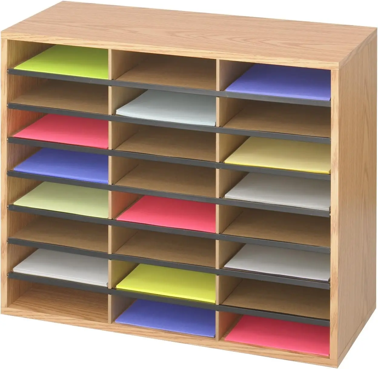 

Wooden Paper and Mail Organizer for Home Office and Classroom, 24 Letter-Size Compartments, Medium Oak
