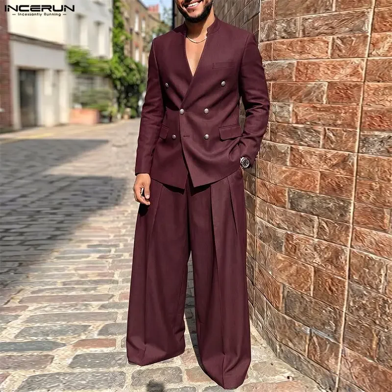 INCERUN Men's Sets Solid Color V Neck Long Sleeve Blazer Pants Two Piece Sets Elegant Streetwear 2026 Fashion Men Matching Sets view 2