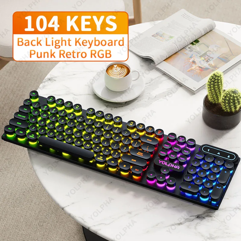 Teclado com fio de 104 teclas com luz respiratória retroiluminada RGB Teclado ergonômico com fio para jogos para computador laptop para PC Gamer Office