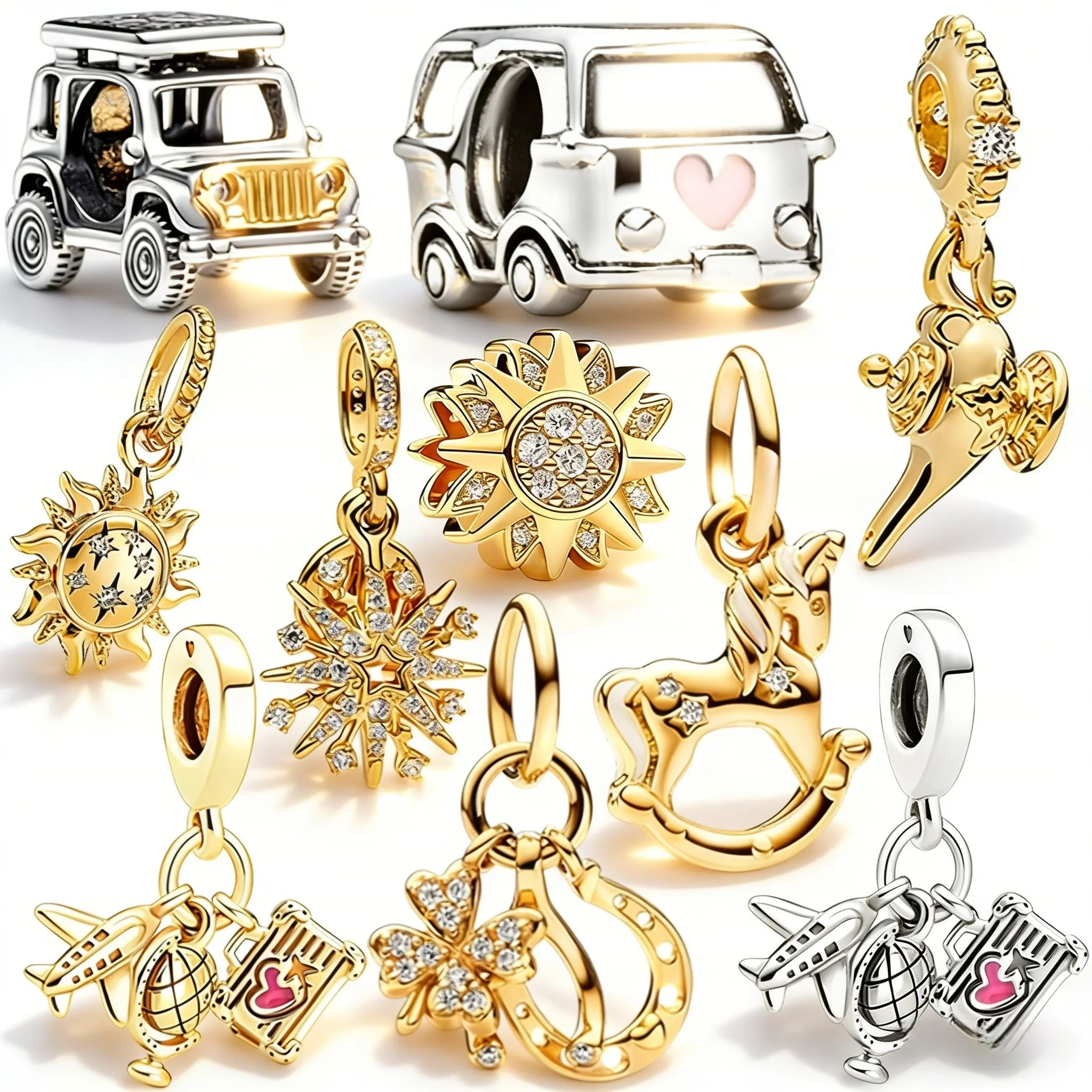 

Great Value Offer DIY Gold Sparkling Car Fireworks Airplane Series Charm Bead Pendant Fit Original Snake Bone Bangle JewelryGift