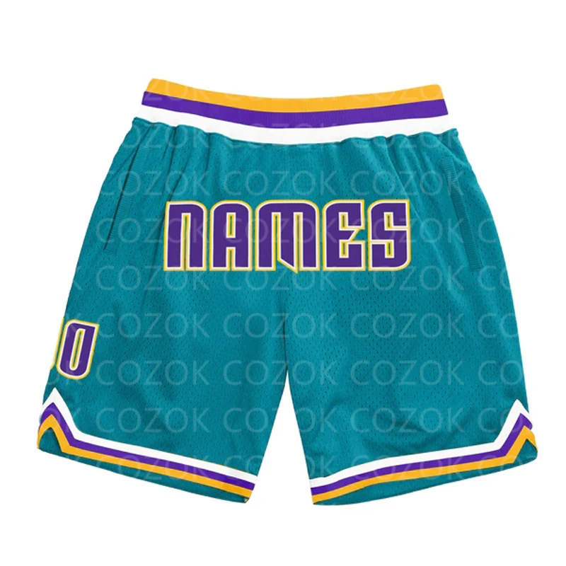 Shorts de basquete masculino personalizado, shorts de praia secagem rápida, impresso em 3D, seu nome, mumber, azul, verde, autêntico