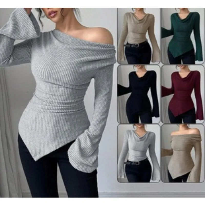 

2025 Women Autumn Winter Long Sleeve Y2K Crop Top Trendy Off Shoulder Asymmetrical Fitted Knit V Neck Tee Shirts Tops Streetwear