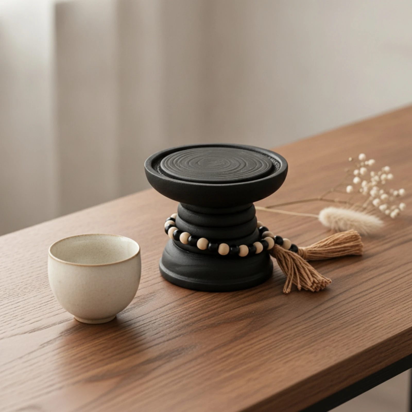 Candle Holder with Bead Garland Black Pedestal Candle Holder Bohemian Eye-Catching for Tabletop, Entryway