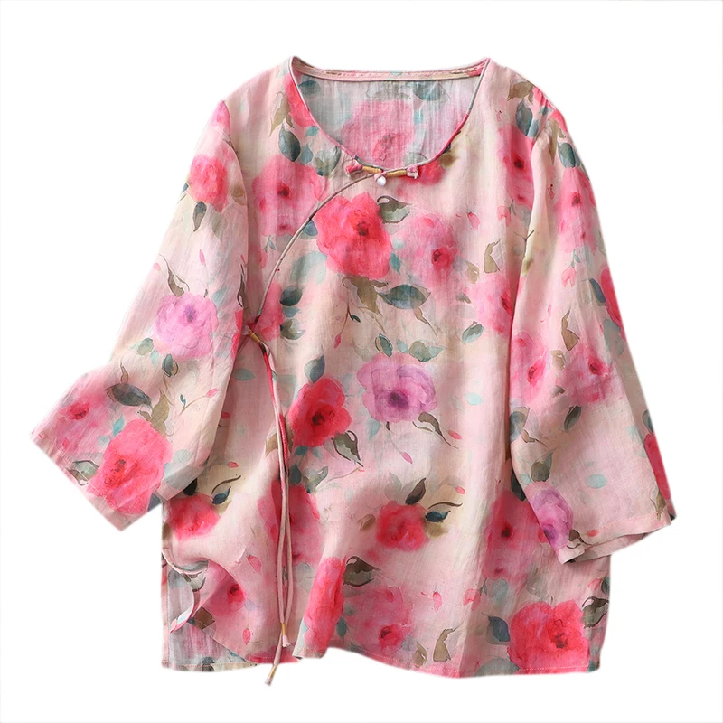 Retro chino algodón lino irt verano estampado suelto adelgazante té disfraz irt Overhead Zen mujer Faion redondo Ne botón...