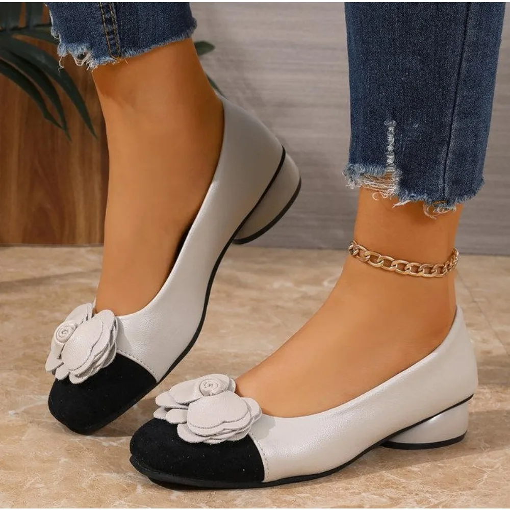 

Elegant Flower Decoration Low Heel Pumps for Women Fashion Square Toe Wedge Designer Shoes Comfortable Soft Leather Dress Shoes