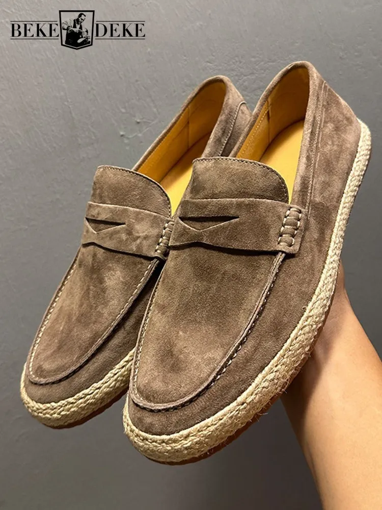 Real Cow Suede Leather Business Casual Driving Shoes Vintage Weave Platform Moccasin Low Cut Comfortable Slip On Loafers Shoes