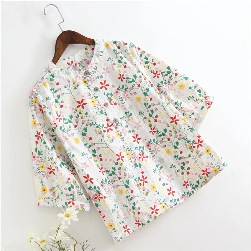 

Cotton 100% Floral Women Shirts Summer New 2024 O-Neck Button Loose Elegant Female Straight Outwear Coats Tops