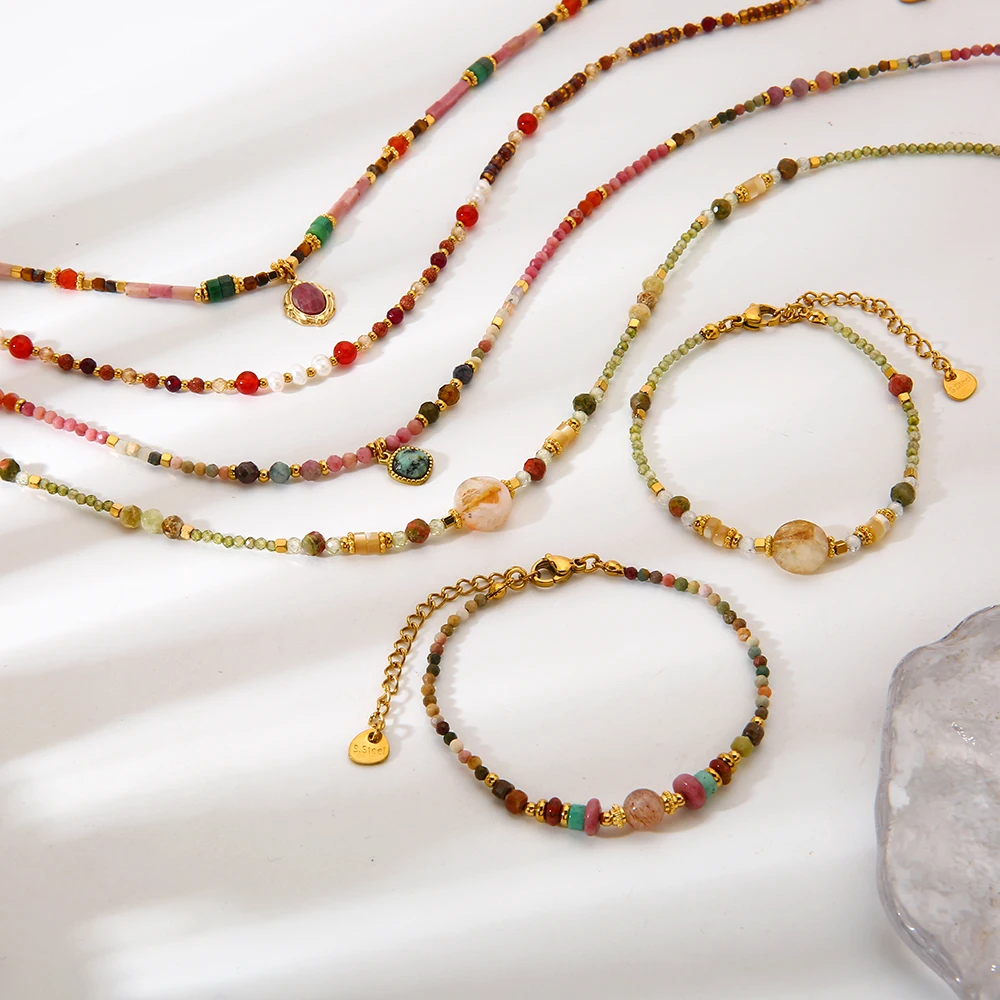 

Natural Gemstone Handmade Beaded Necklace Bracelet 18K Gold Plated Stainless Steel Vintage Collar Chain Jewelry for Women Gift