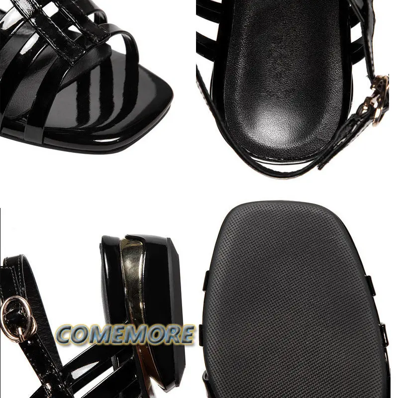 Patent Leather Black Sexy Women\'s Sandals Comfort Open-Toes Buckle Strap Roman Shoes Retro Non-Slip Office Shoes Plus Size 35-41