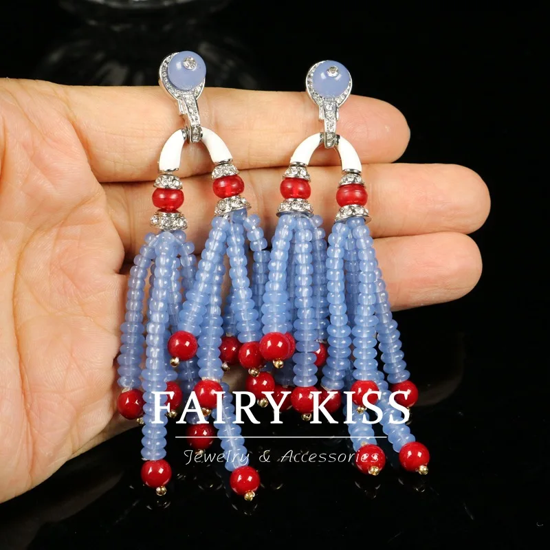 

Vintage Blue Rice Bead Handmade Beaded Enamel Tassel Inlaid Diamond Earrings Shoulder Sweep Long Versatile Charm Tassel Earrings