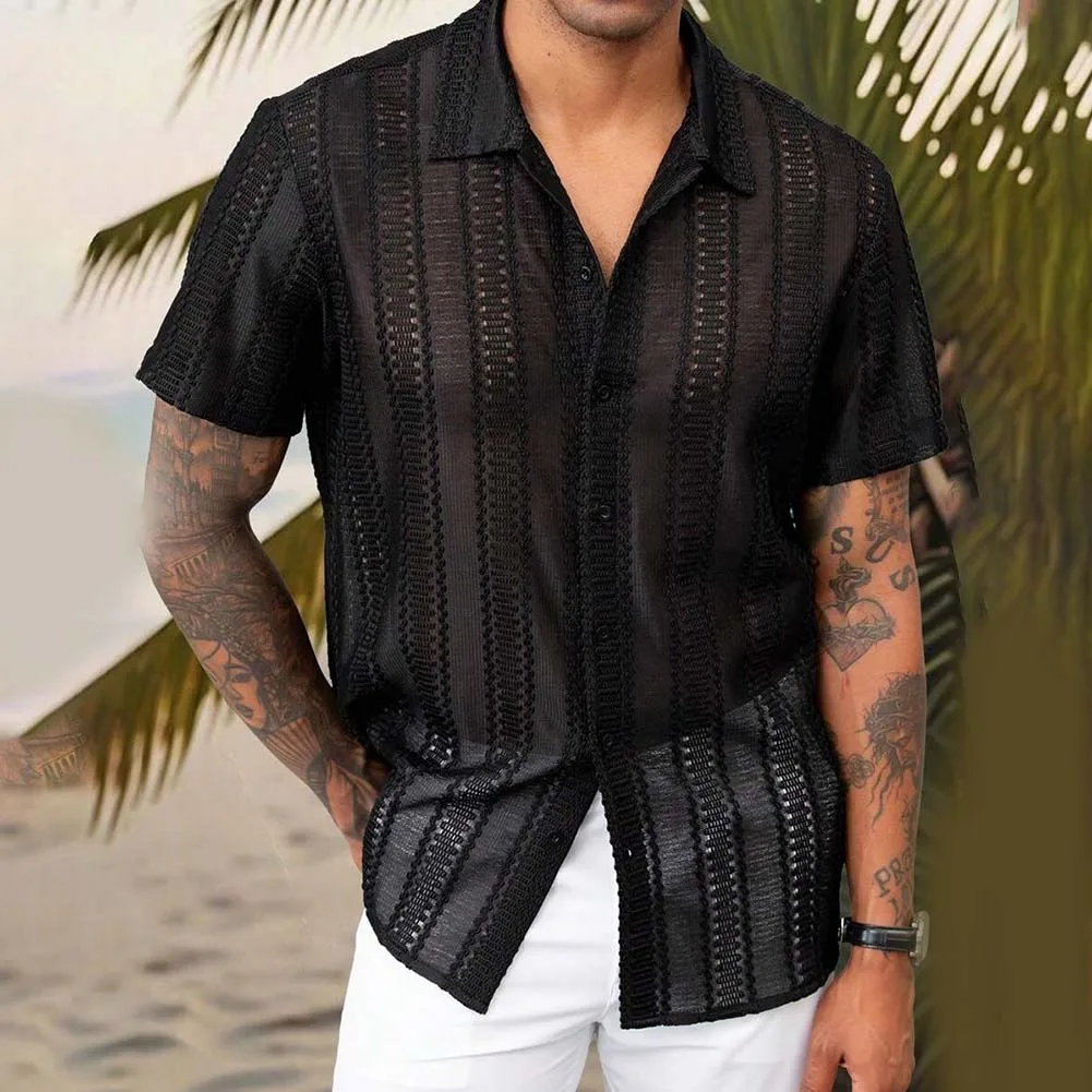 

Men Summe Mesh Lace See Through Short Sleeve Shirt Fashion Beach Holiday Tops Causal Solid Color Tees