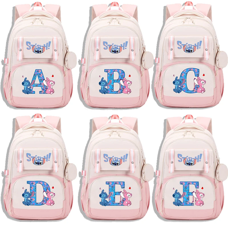 

Disney Stitch Fashion Waterproof Backpack for Students Anime Letter A-Z Printing Schoolbag Boys Girls Book Storage Bag Gifts
